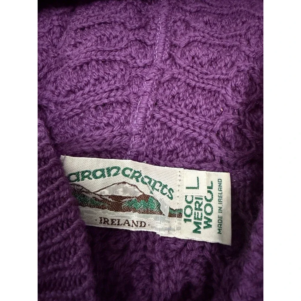 Aran Crafts Merino Wool Ireland Cable Knit Zip Cardigan Womes L Purple Sweater